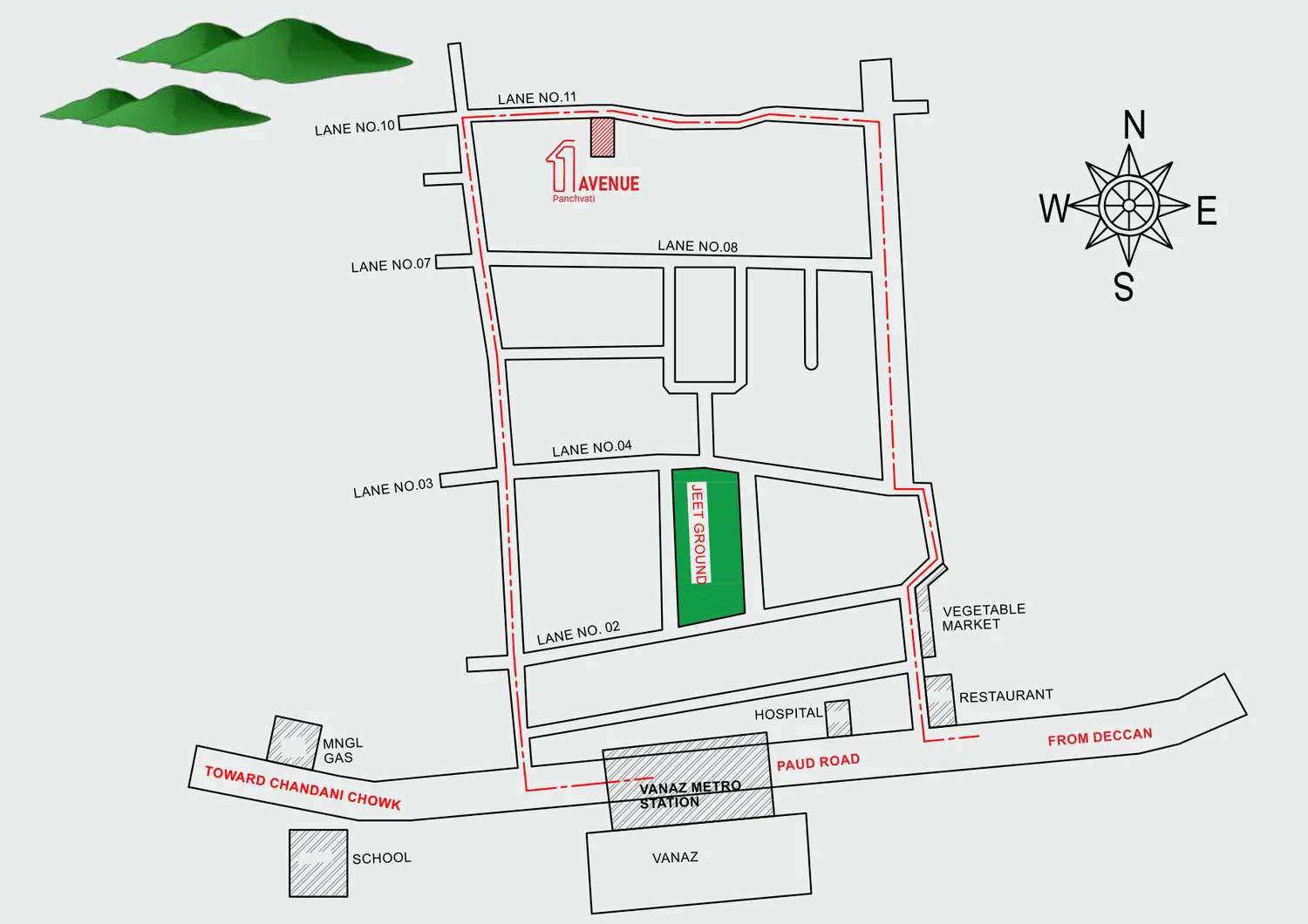 Area map showing 11 Avenue on Lane 11, with Vanaz Metro Station, Paud Road, hospital, school, restaurant and vegetable market nearby