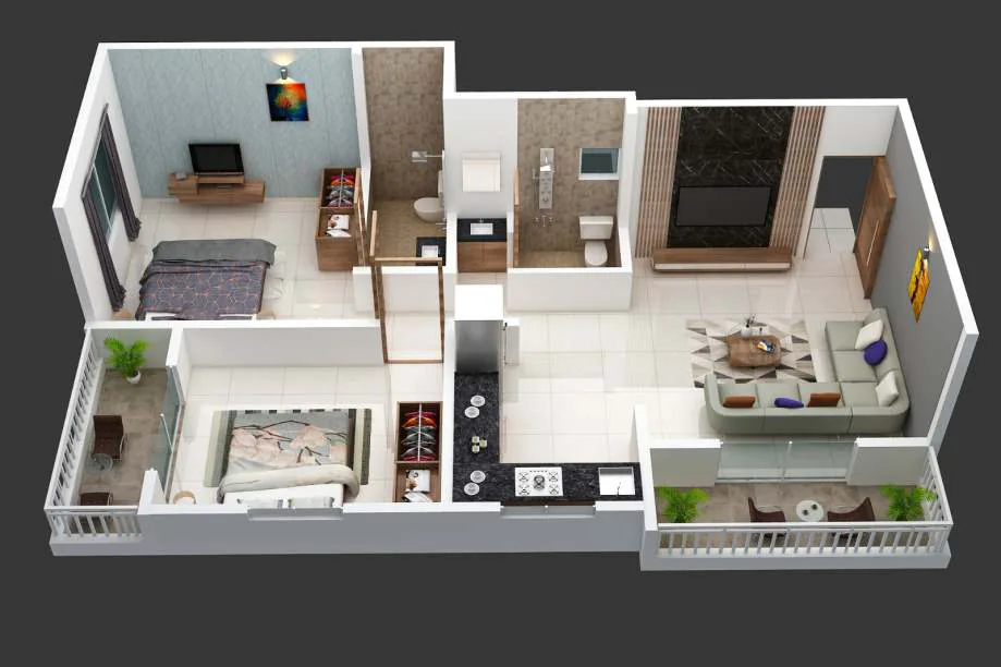 Furnished 3D layout of a 2 BHK apartment with living room, kitchen, two bedrooms and balconies