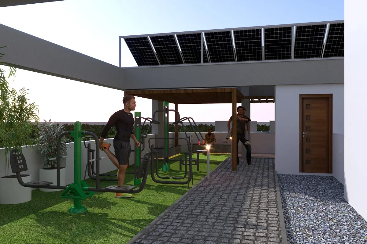 Outdoor gym equipment on the terrace under solar panels