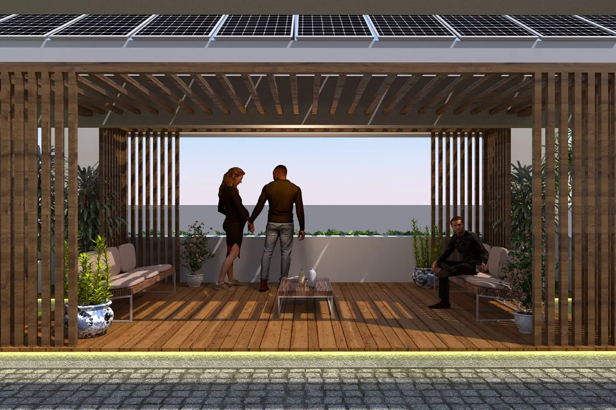 Timber pergola lounge on the terrace with seating