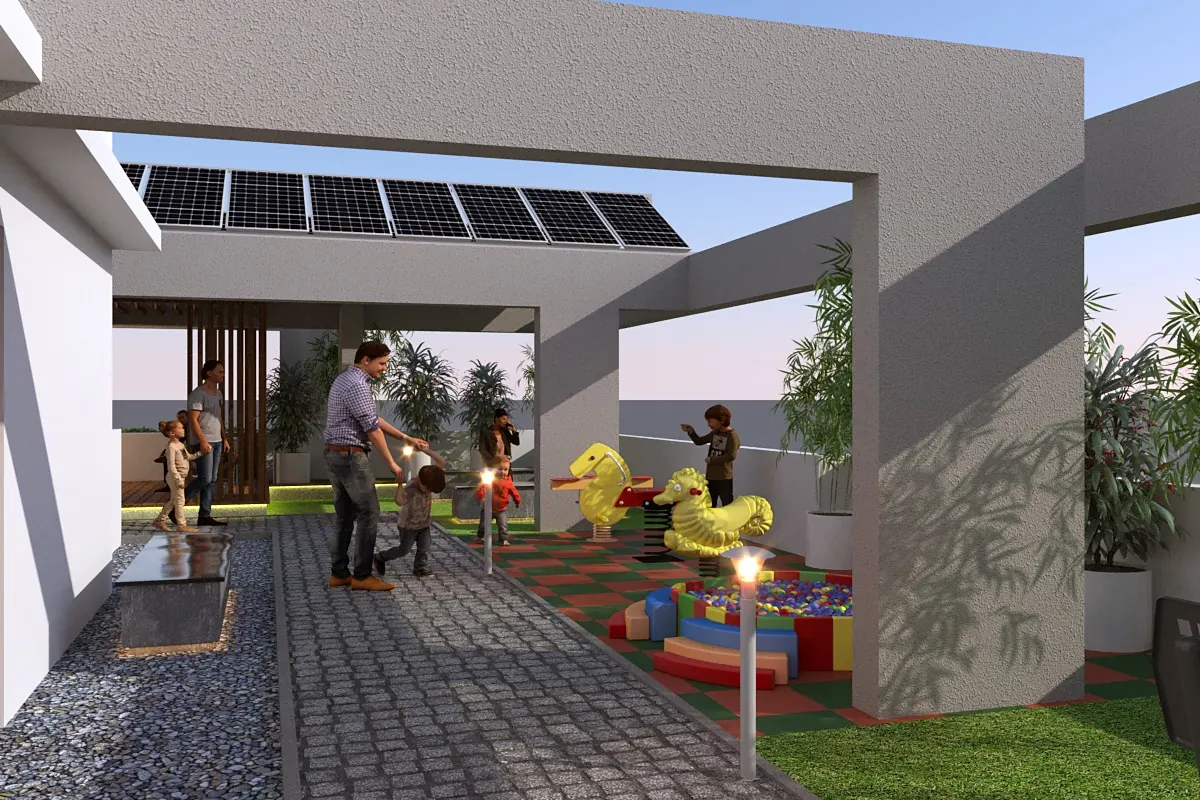 Terrace lawn with a children's play area