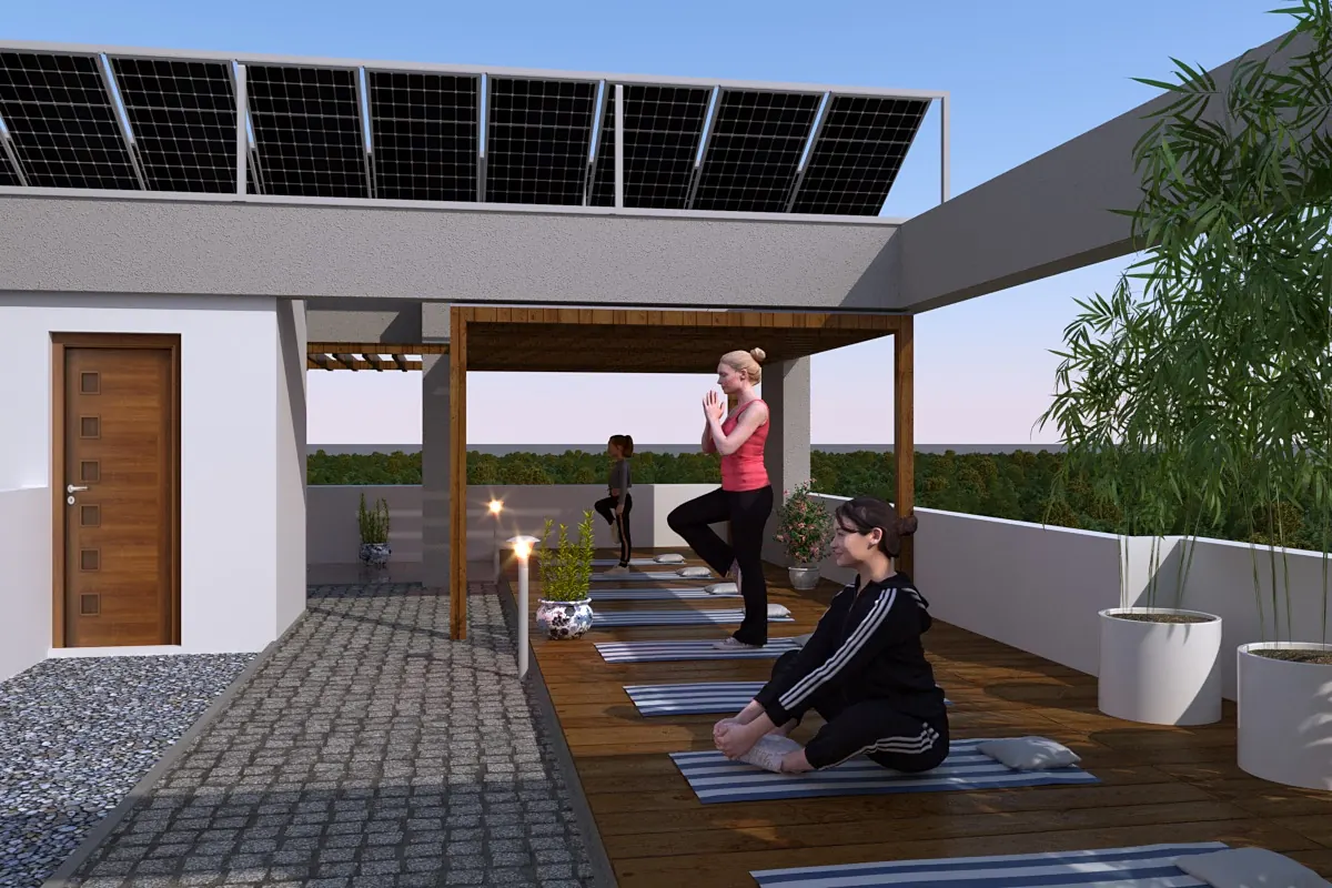 Residents doing yoga on a timber deck