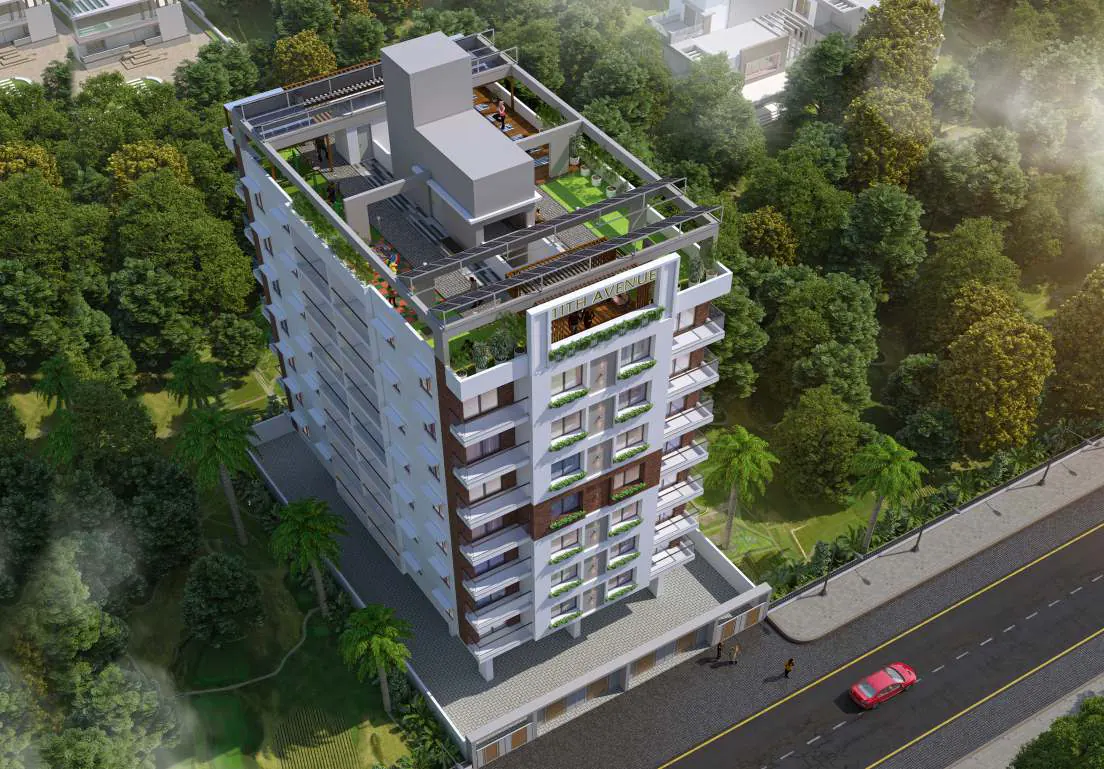 Aerial render of 11 Avenue surrounded by greenery, beside a main road